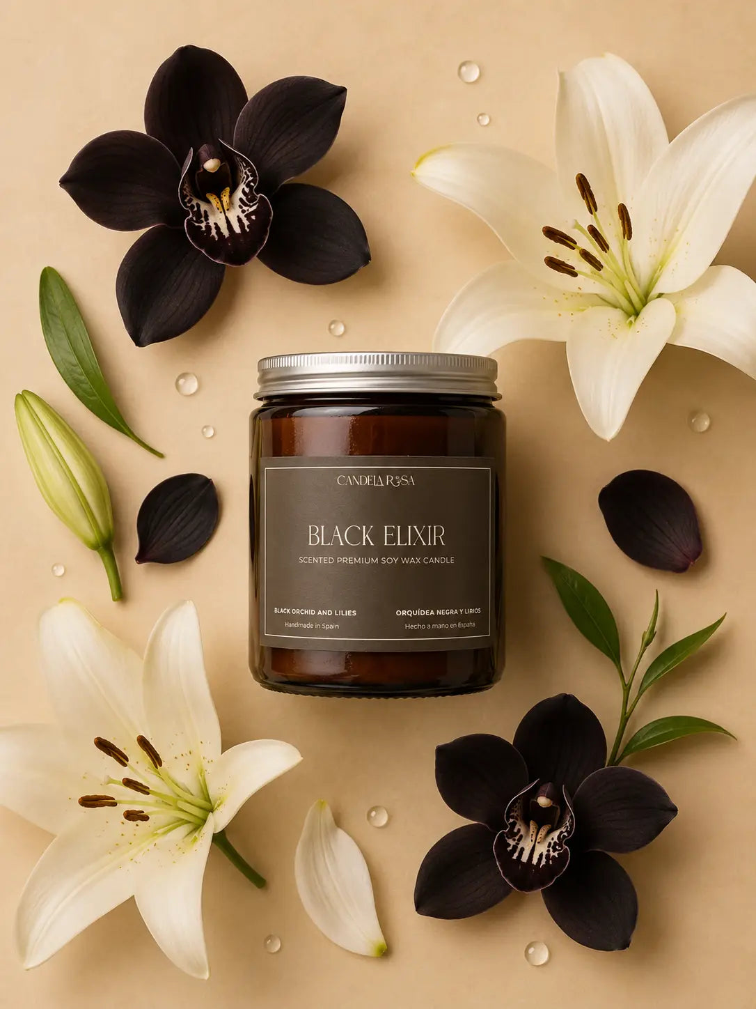 Vela Black Elixir orquídea negra y lirios aroma floral vela premium Candela Rosa